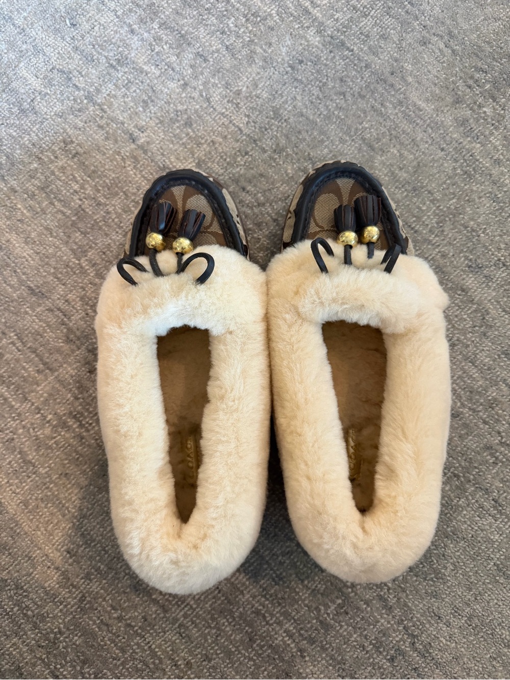 Coach Cream Shearling Moccasin Slipper with Signature Trim